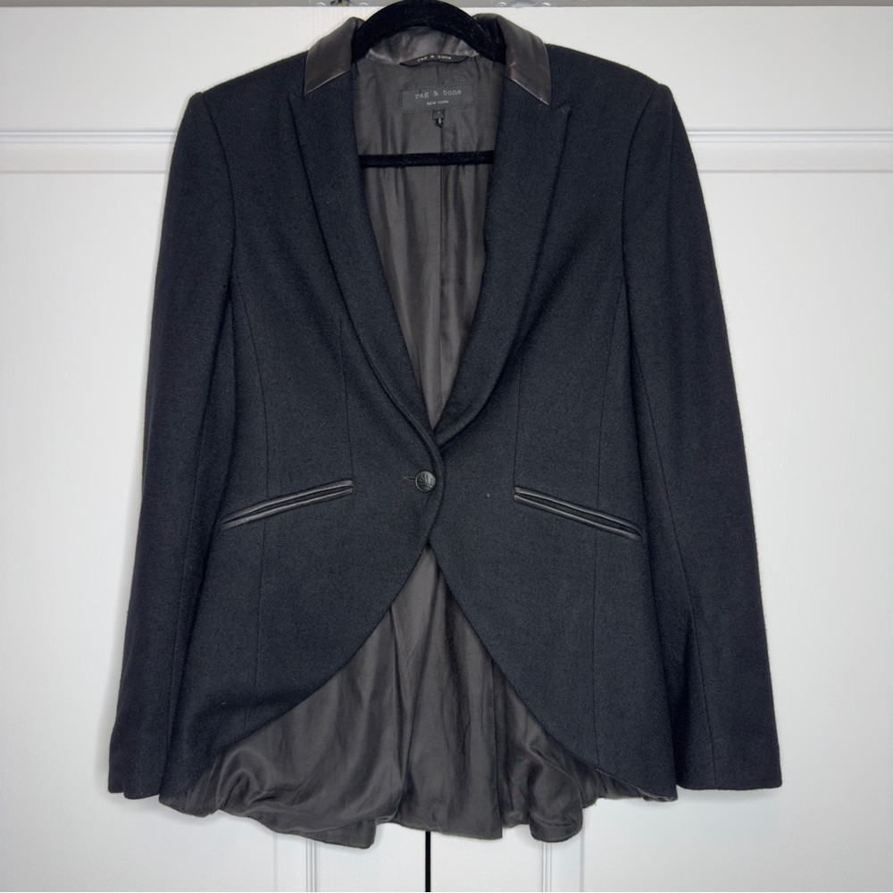 rag & bone Black Wool Blazer‎ Leather Trim Tailored Jacket Women’s 4